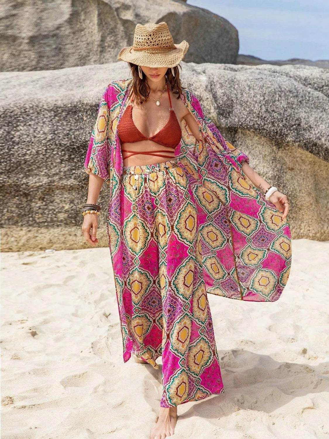 Bona Fide Fashion - Printed Open Front Cardigan and Bottom Set - Women Fashion - Bona Fide Fashion