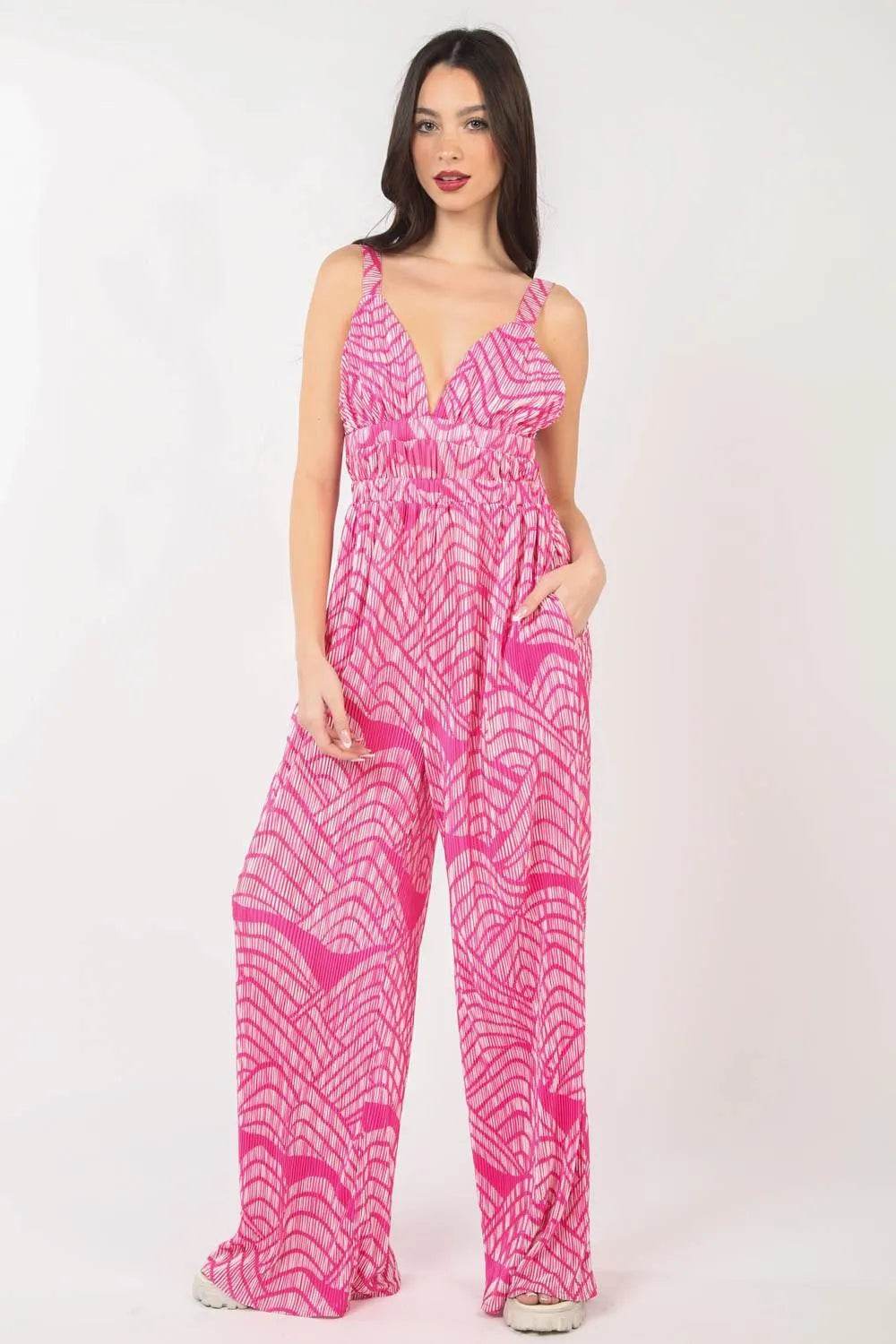 Bona Fide Fashion - Printed Pleated Sleeveless Wide Leg Jumpsuit - Women Fashion - Bona Fide Fashion