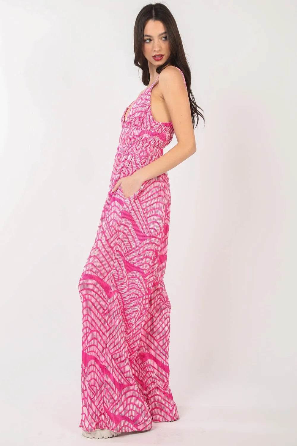 Bona Fide Fashion - Printed Pleated Sleeveless Wide Leg Jumpsuit - Women Fashion - Bona Fide Fashion