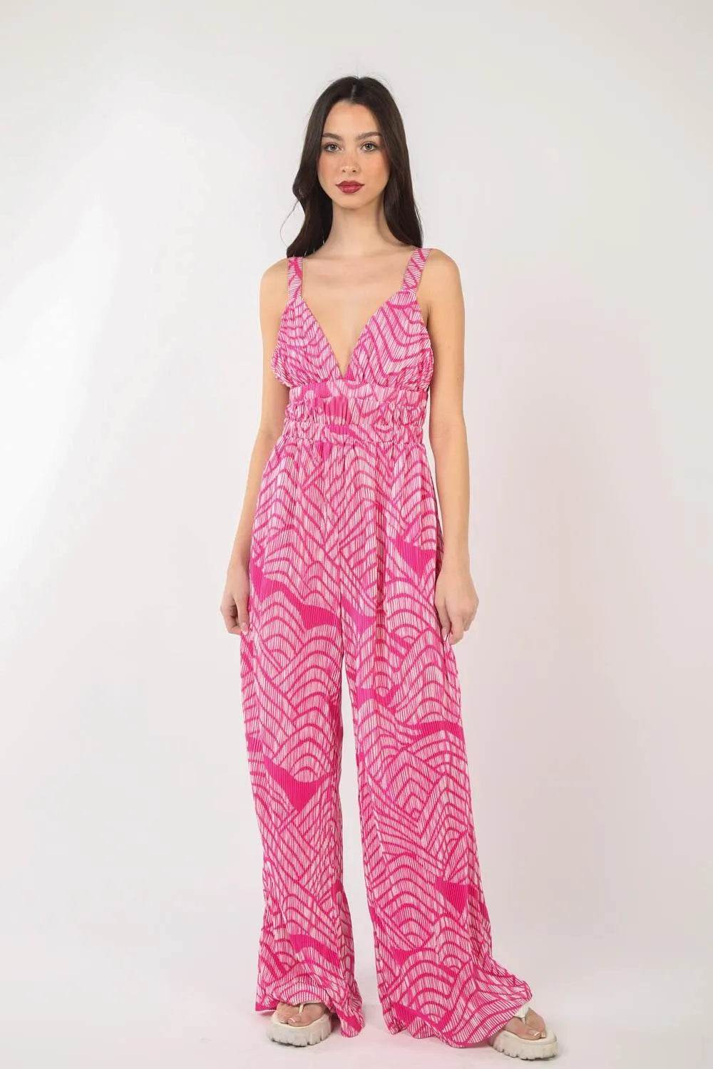 Bona Fide Fashion - Printed Pleated Sleeveless Wide Leg Jumpsuit - Women Fashion - Bona Fide Fashion