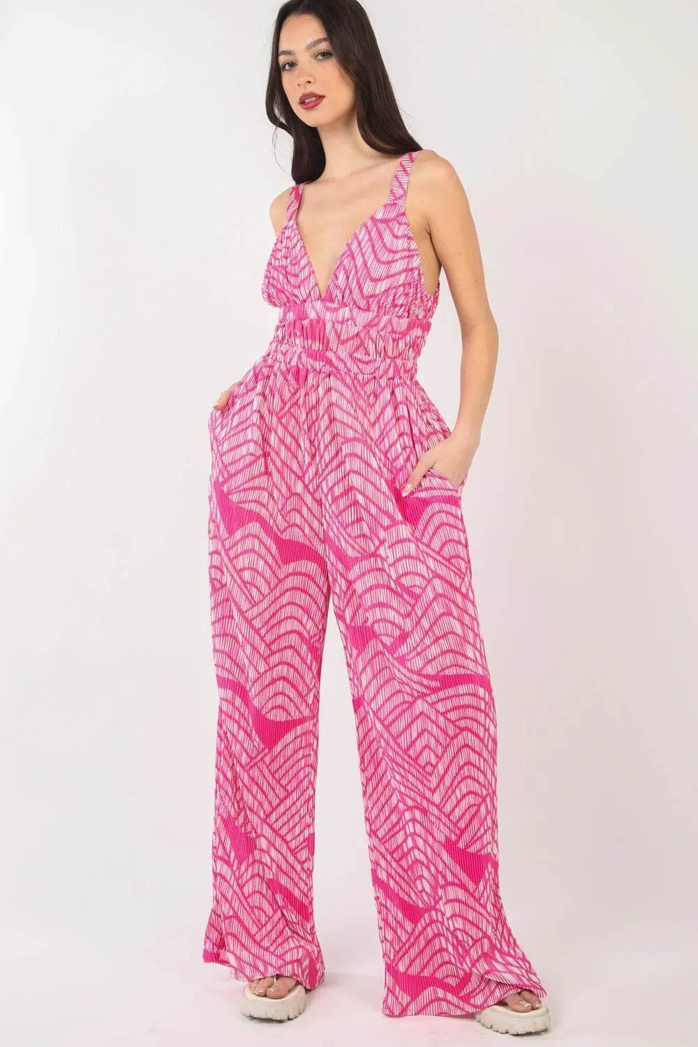 Bona Fide Fashion - Printed Pleated Sleeveless Wide Leg Jumpsuit - Women Fashion - Bona Fide Fashion