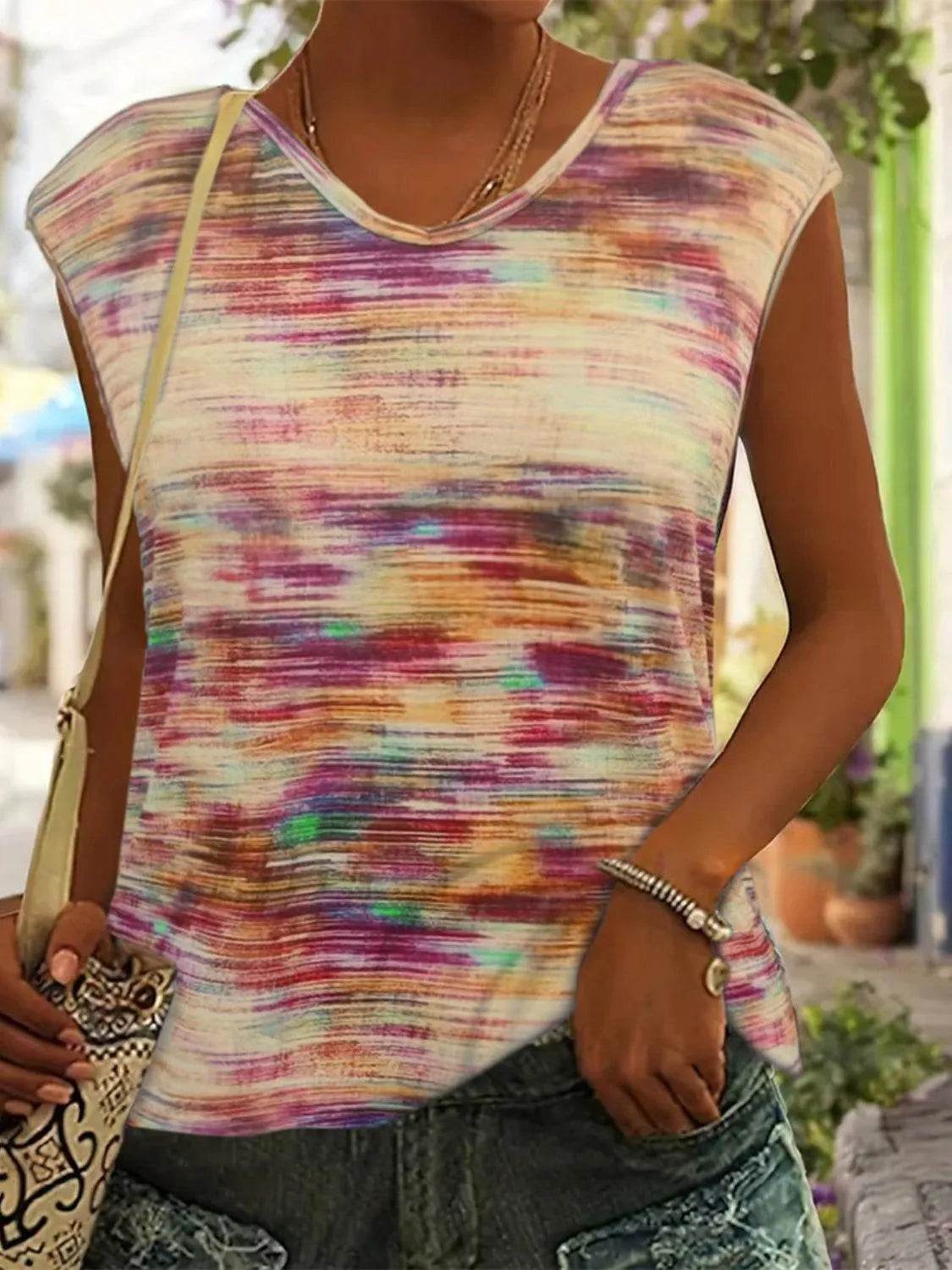 Bona Fide Fashion - Printed Round Neck Cap Sleeve Top - Women Fashion - Bona Fide Fashion