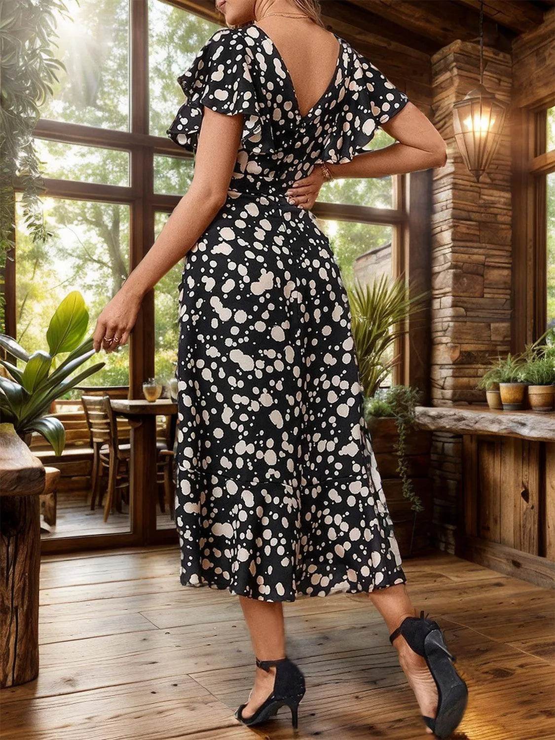 Bona Fide Fashion - Printed Round Neck Flutter Sleeve Midi Dress - Women Fashion - Bona Fide Fashion