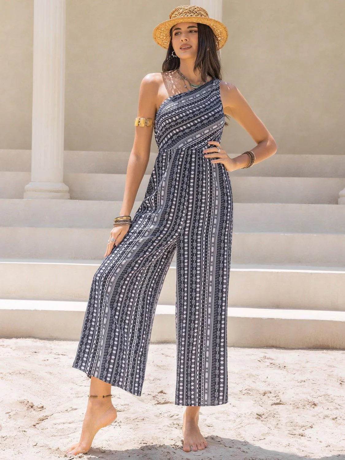 Printed Single Shoulder Sleeveless Jumpsuit – Bold & Trendy One-Piece for Women - Bona Fide Fashion