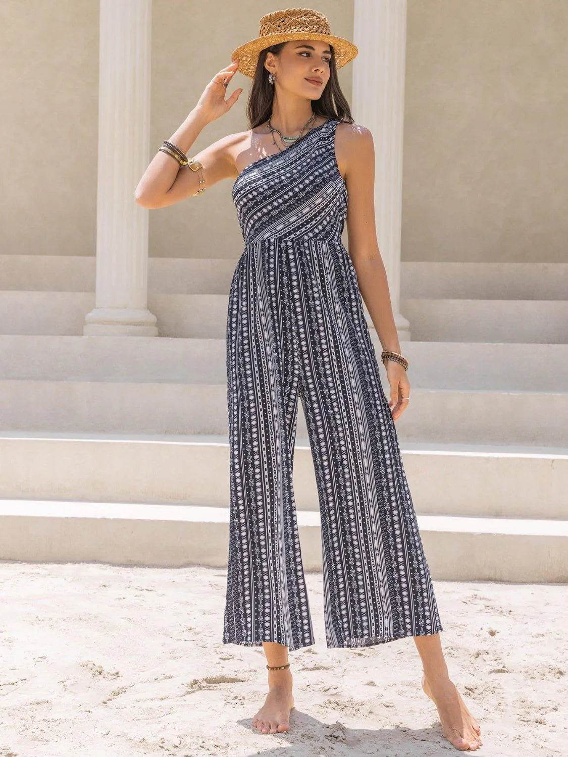 Printed Single Shoulder Sleeveless Jumpsuit – Bold & Trendy One-Piece for Women - Bona Fide Fashion