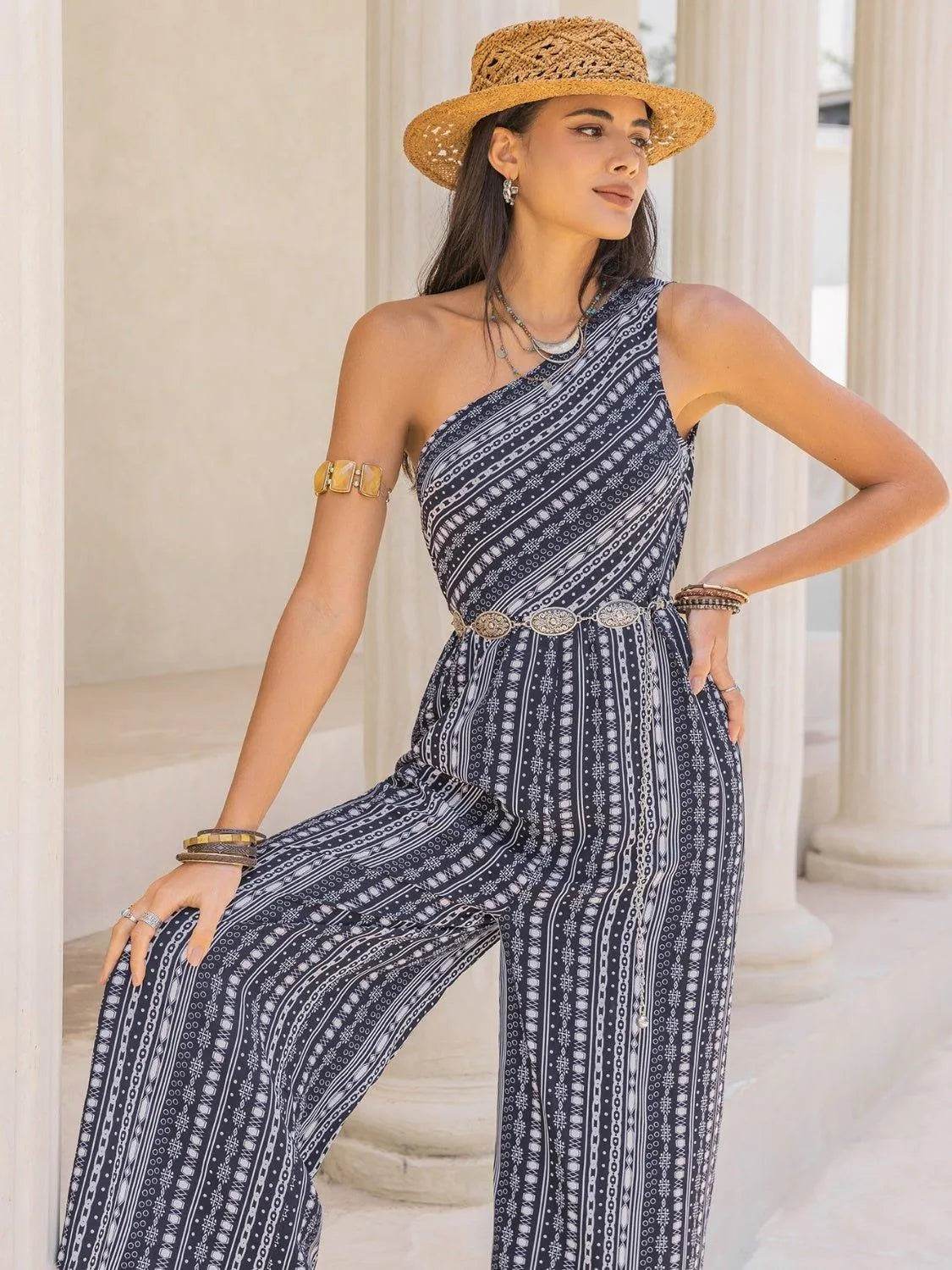 Printed Single Shoulder Sleeveless Jumpsuit – Bold & Trendy One-Piece for Women - Bona Fide Fashion