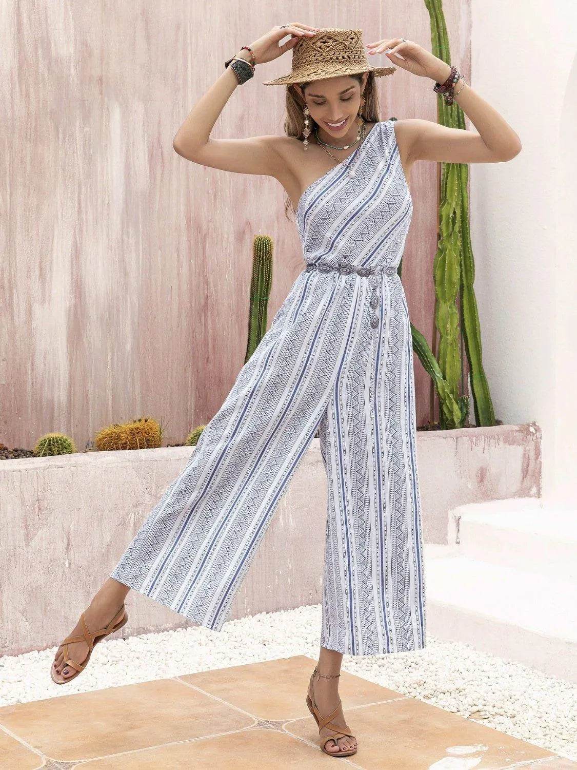 Printed Single Shoulder Sleeveless Jumpsuit – Bold & Trendy One-Piece for Women - Bona Fide Fashion