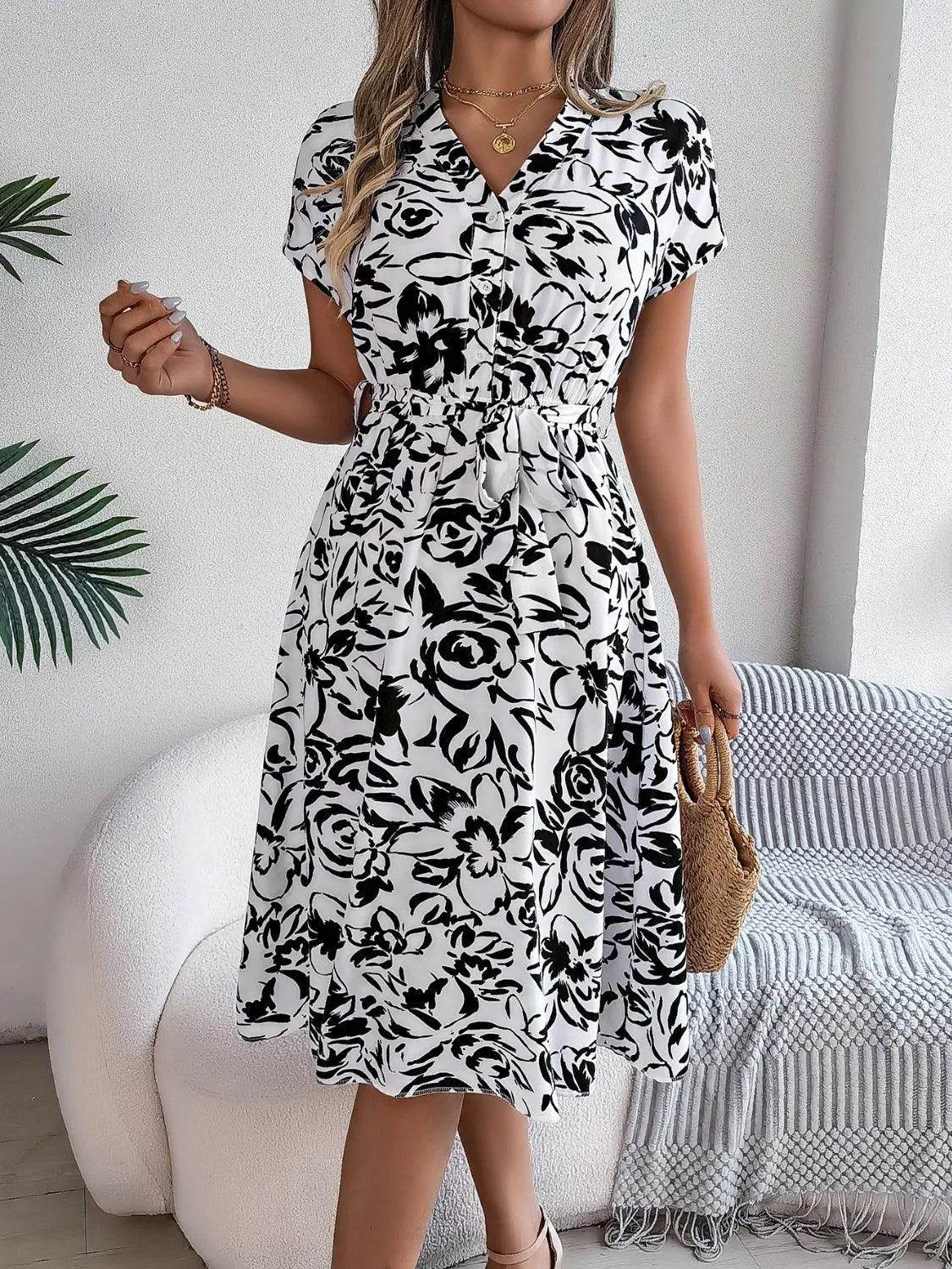 Bona Fide Fashion - Printed V-Neck Short Sleeve Dress - Women Fashion - Bona Fide Fashion