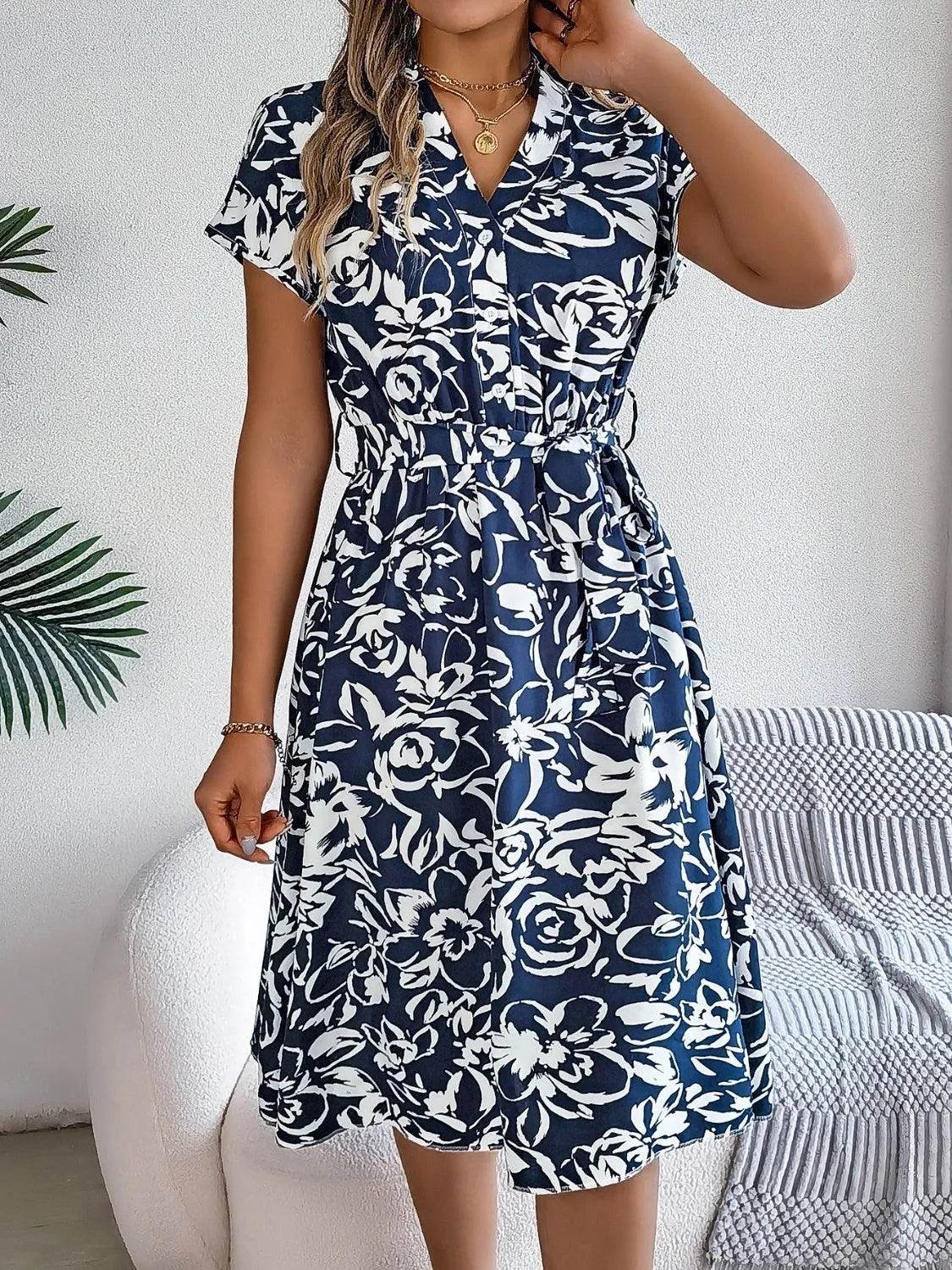 Bona Fide Fashion - Printed V-Neck Short Sleeve Dress - Women Fashion - Bona Fide Fashion