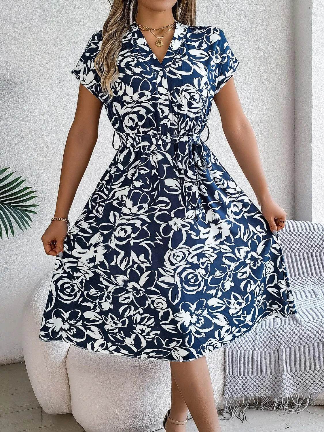 Bona Fide Fashion - Printed V-Neck Short Sleeve Dress - Women Fashion - Bona Fide Fashion