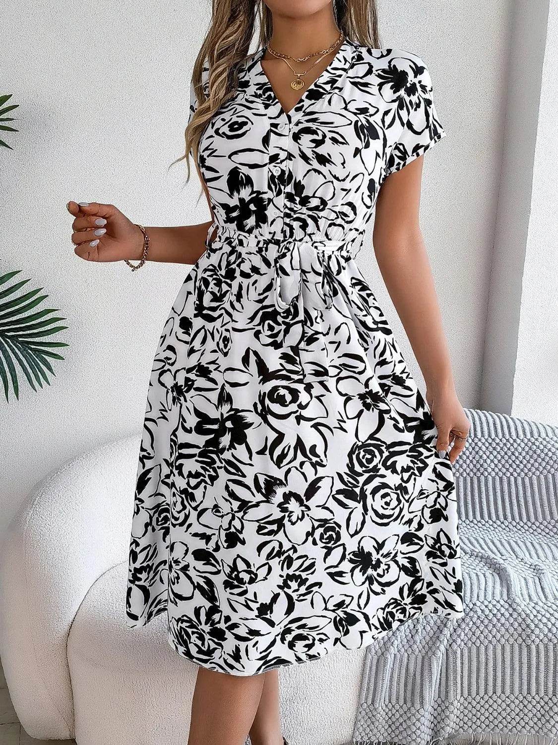 Bona Fide Fashion - Printed V-Neck Short Sleeve Dress - Women Fashion - Bona Fide Fashion