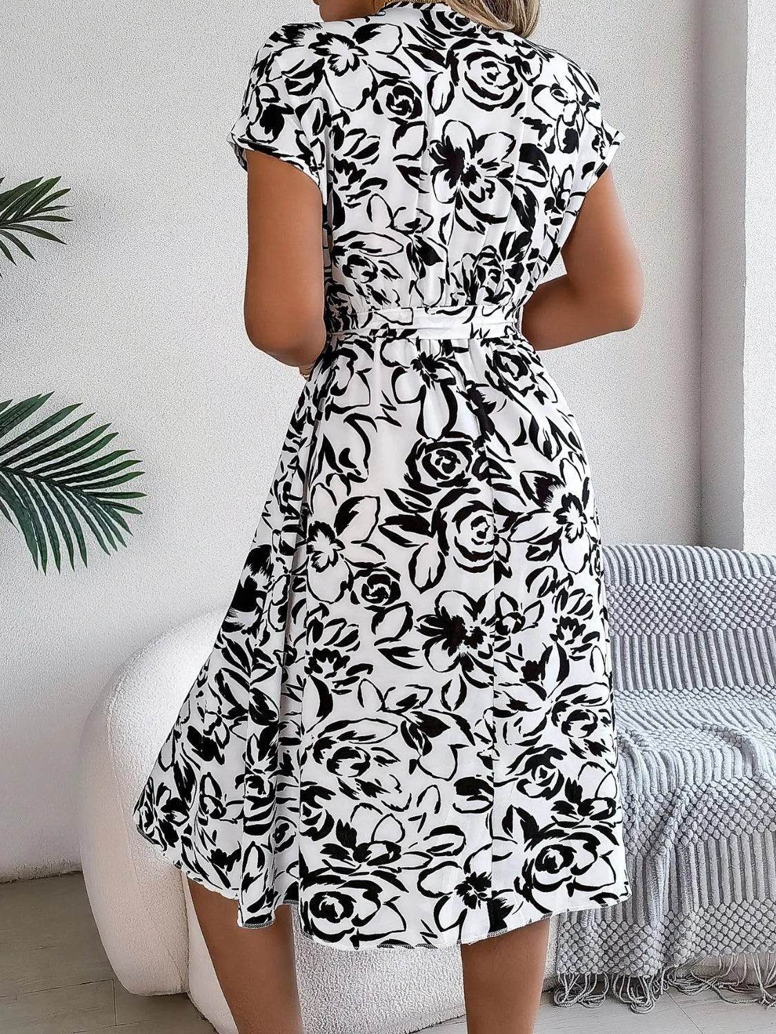 Bona Fide Fashion - Printed V-Neck Short Sleeve Dress - Women Fashion - Bona Fide Fashion