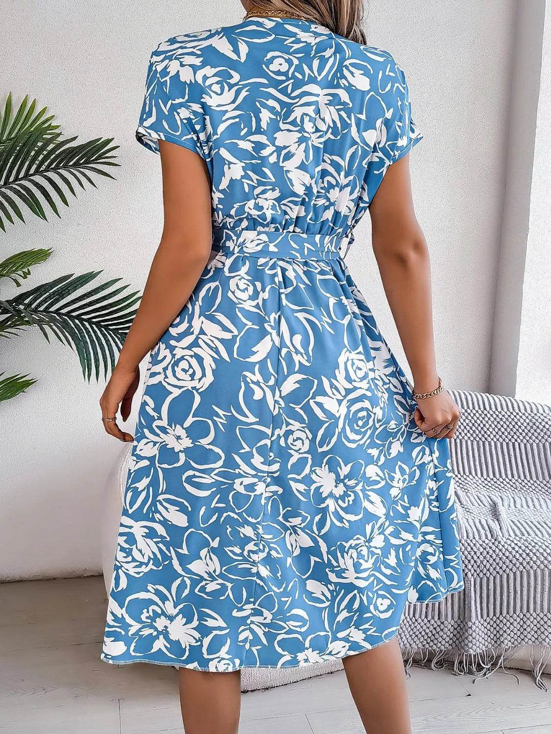 Bona Fide Fashion - Printed V-Neck Short Sleeve Dress - Women Fashion - Bona Fide Fashion