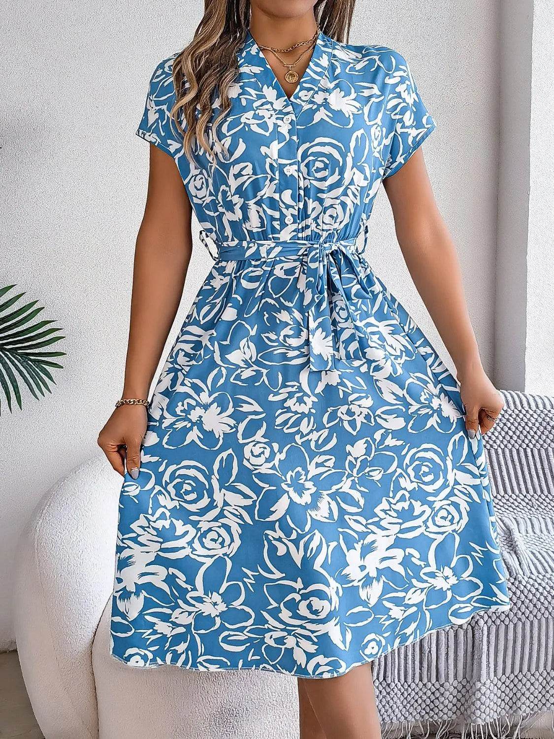 Bona Fide Fashion - Printed V-Neck Short Sleeve Dress - Women Fashion - Bona Fide Fashion