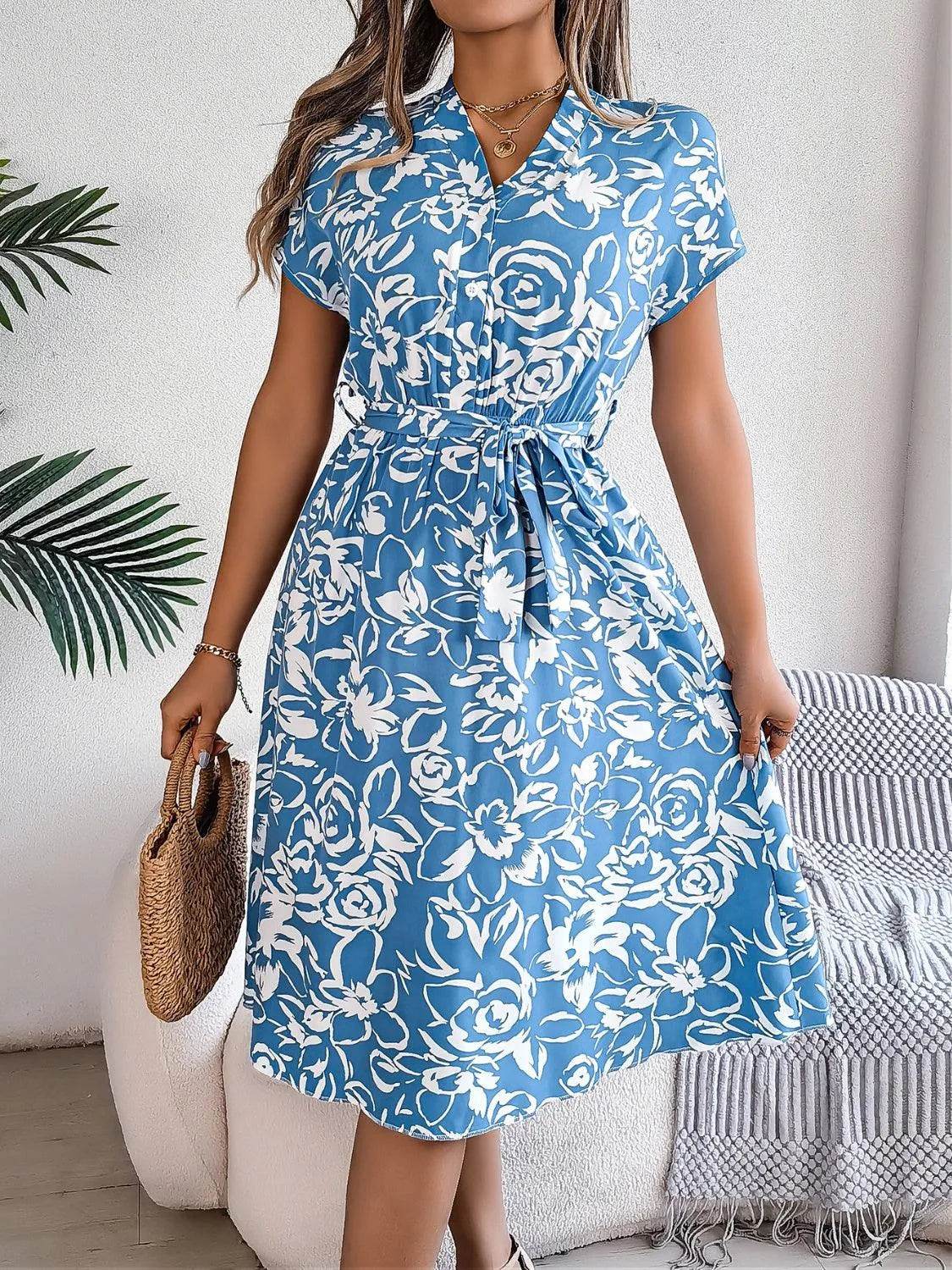 Bona Fide Fashion - Printed V-Neck Short Sleeve Dress - Women Fashion - Bona Fide Fashion