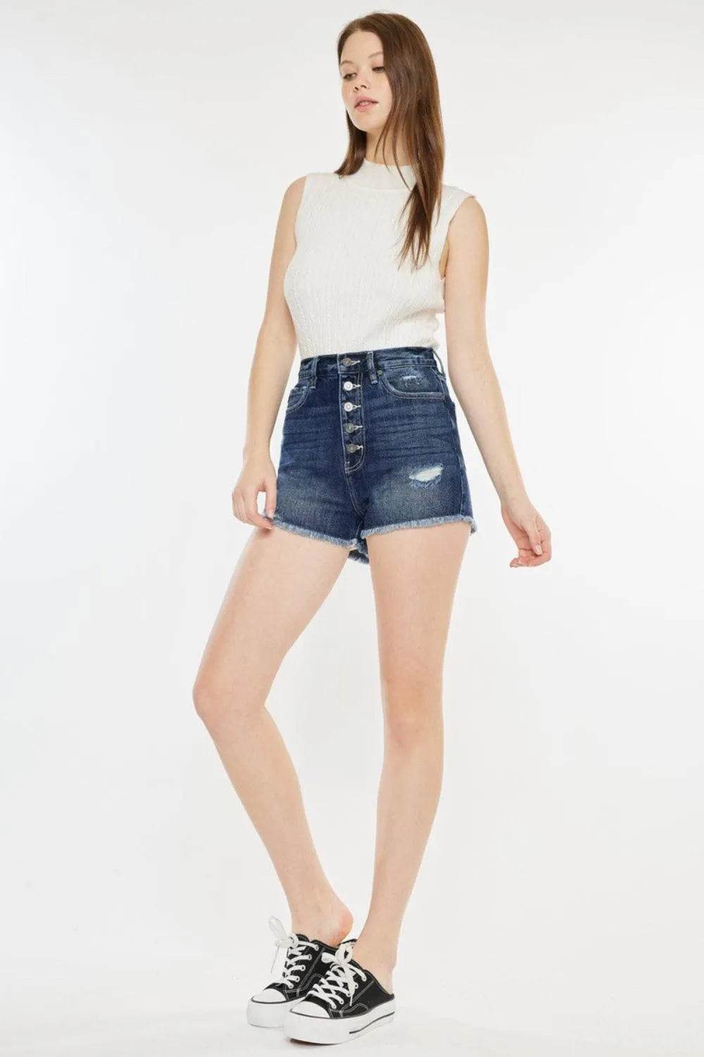 Bona Fide Fashion - Raw Hem Button Fly Denim Shorts - Women Fashion - Bona Fide Fashion