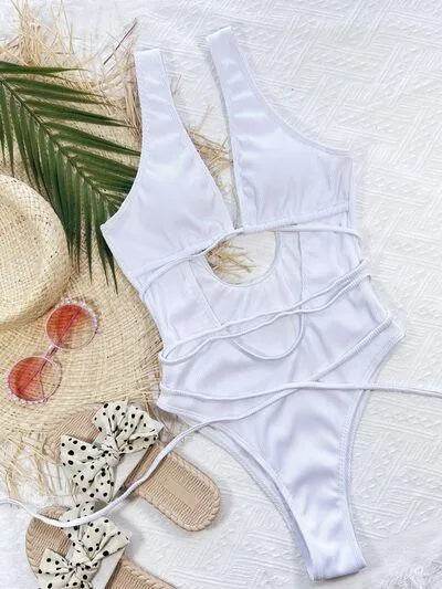 Bona Fide Fashion - Ribbed Lace Up One-Piece Swimsuit - Women Fashion - Bona Fide Fashion