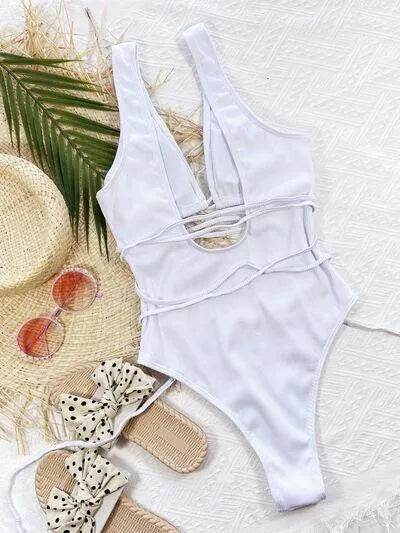 Bona Fide Fashion - Ribbed Lace Up One-Piece Swimsuit - Women Fashion - Bona Fide Fashion