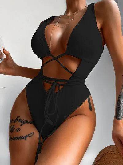 Bona Fide Fashion - Ribbed Lace Up One-Piece Swimsuit - Women Fashion - Bona Fide Fashion