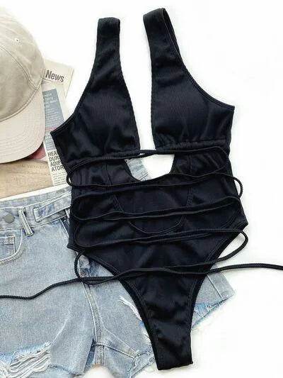 Bona Fide Fashion - Ribbed Lace Up One-Piece Swimsuit - Women Fashion - Bona Fide Fashion