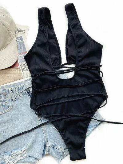 Bona Fide Fashion - Ribbed Lace Up One-Piece Swimsuit - Women Fashion - Bona Fide Fashion