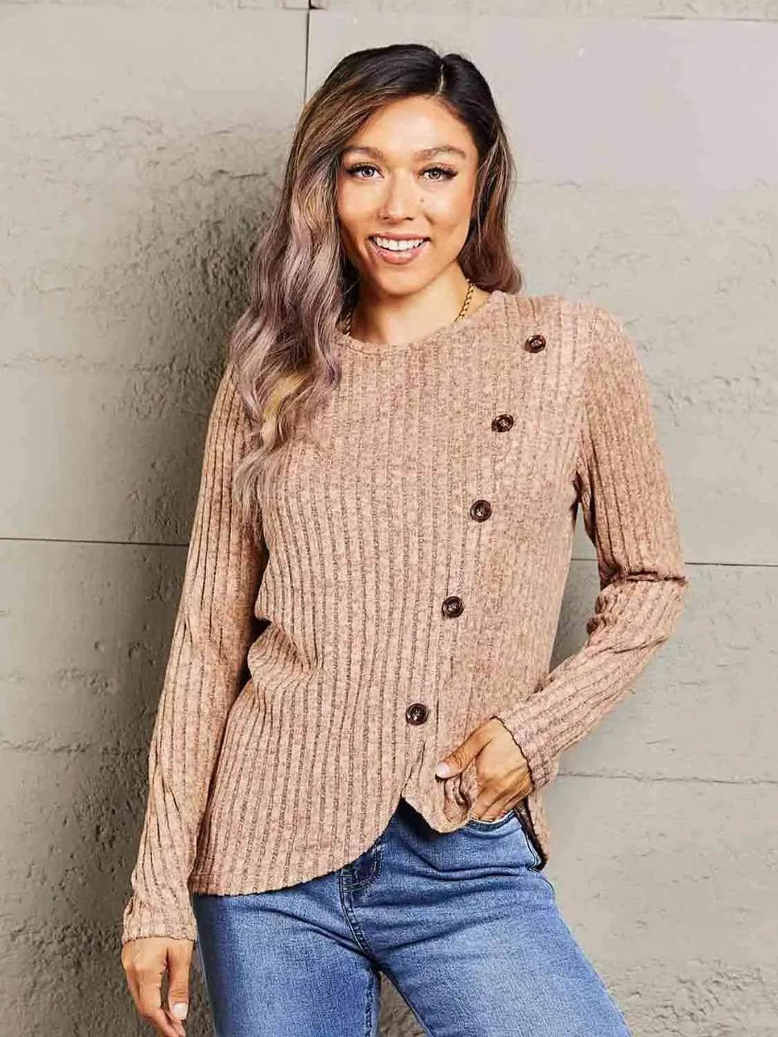 Bona Fide Fashion - Ribbed Round Neck Buttoned Long Sleeve Tee - Women Fashion - Bona Fide Fashion