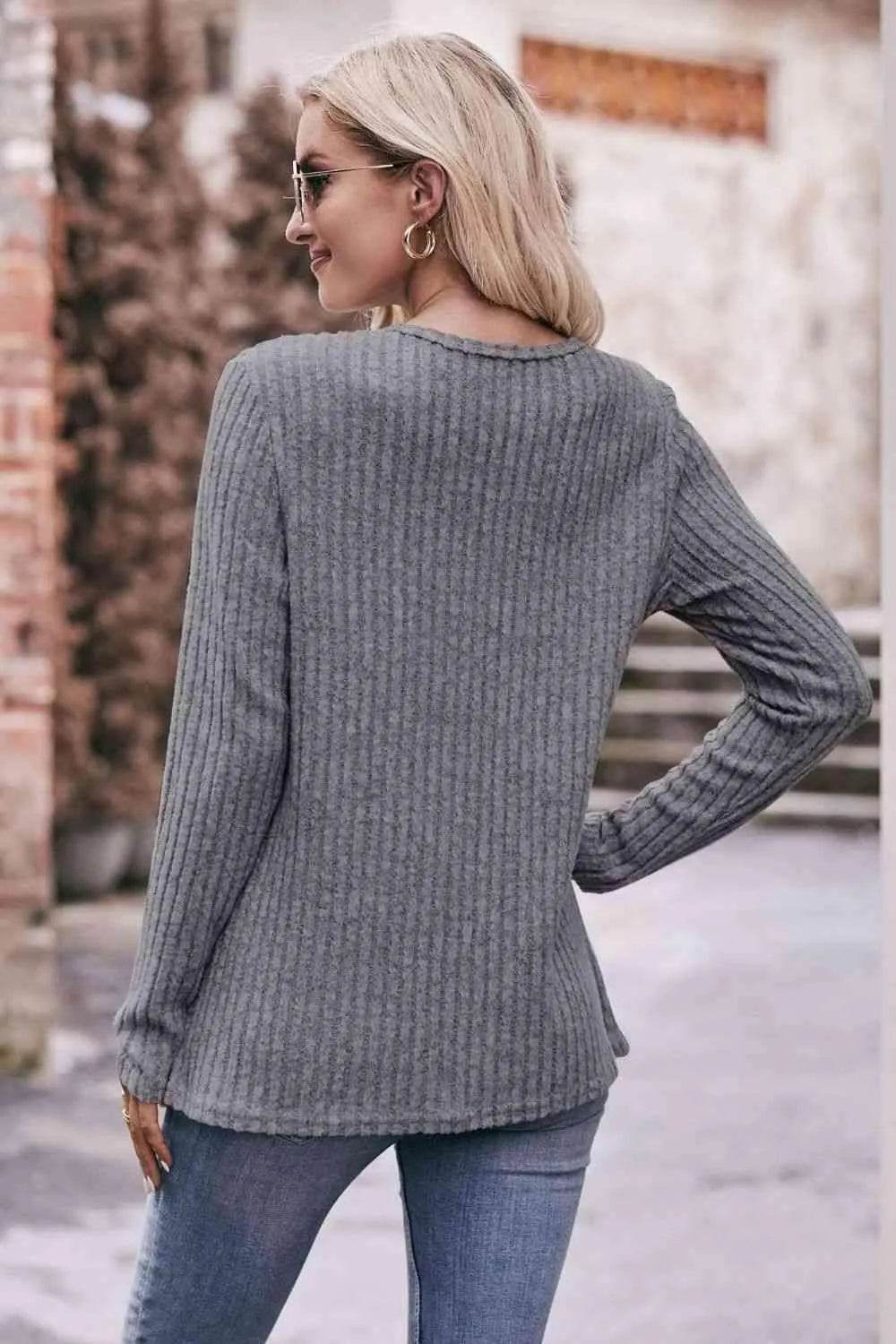 Bona Fide Fashion - Ribbed Round Neck Buttoned Long Sleeve Tee - Women Fashion - Bona Fide Fashion