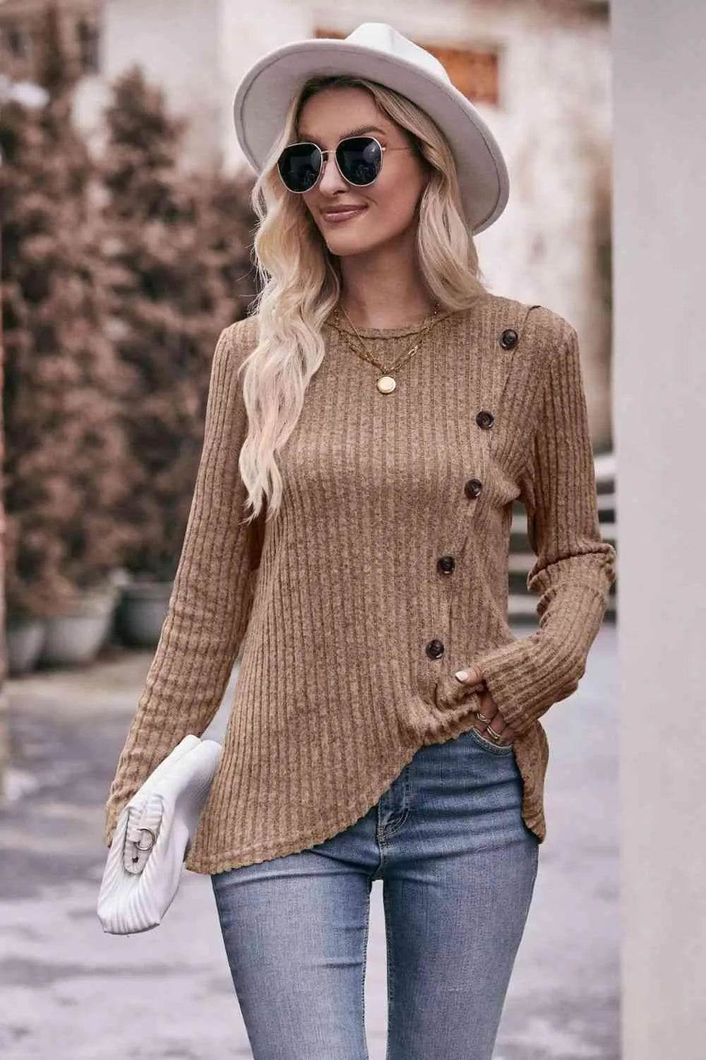 Bona Fide Fashion - Ribbed Round Neck Buttoned Long Sleeve Tee - Women Fashion - Bona Fide Fashion