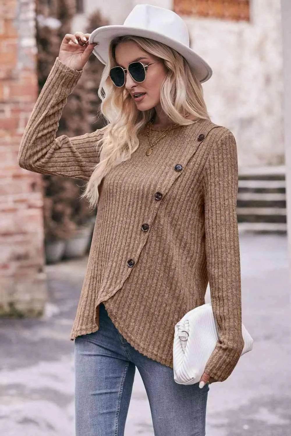 Bona Fide Fashion - Ribbed Round Neck Buttoned Long Sleeve Tee - Women Fashion - Bona Fide Fashion