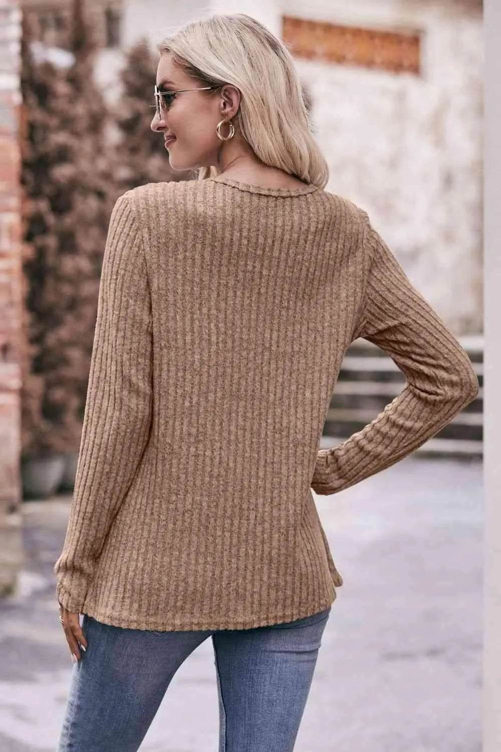 Bona Fide Fashion - Ribbed Round Neck Buttoned Long Sleeve Tee - Women Fashion - Bona Fide Fashion