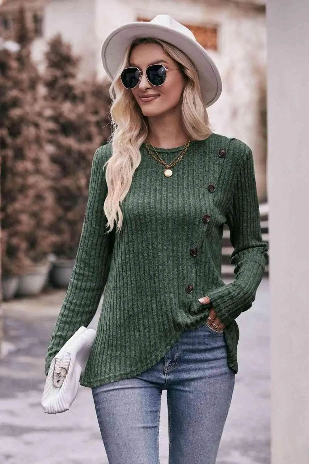 Bona Fide Fashion - Ribbed Round Neck Buttoned Long Sleeve Tee - Women Fashion - Bona Fide Fashion