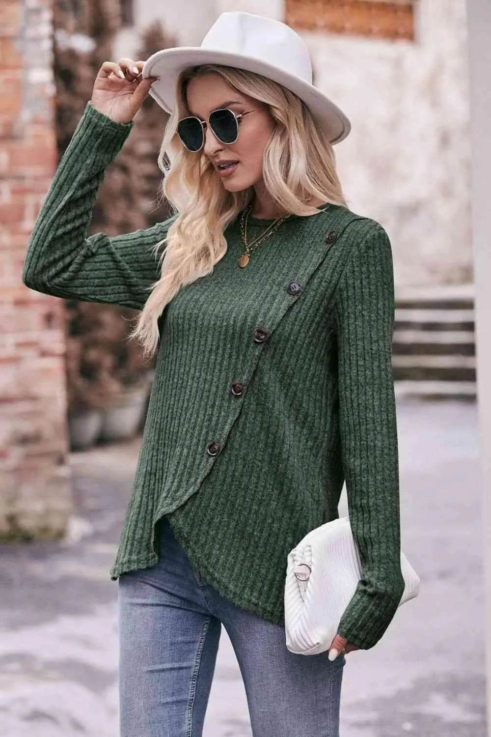 Bona Fide Fashion - Ribbed Round Neck Buttoned Long Sleeve Tee - Women Fashion - Bona Fide Fashion