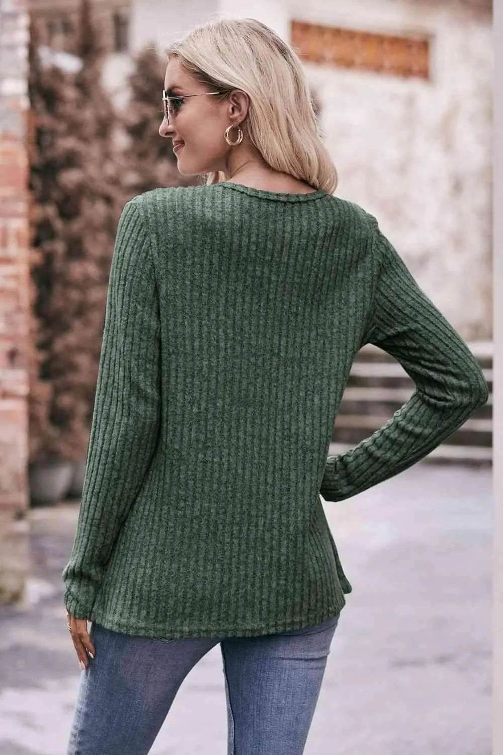 Bona Fide Fashion - Ribbed Round Neck Buttoned Long Sleeve Tee - Women Fashion - Bona Fide Fashion