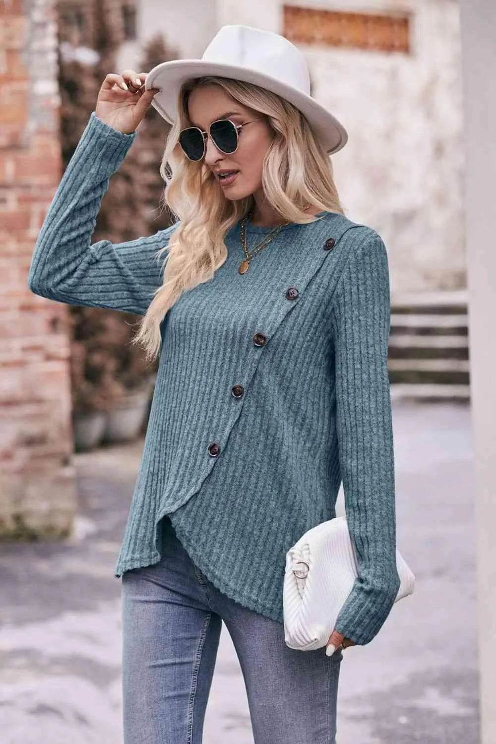 Bona Fide Fashion - Ribbed Round Neck Buttoned Long Sleeve Tee - Women Fashion - Bona Fide Fashion