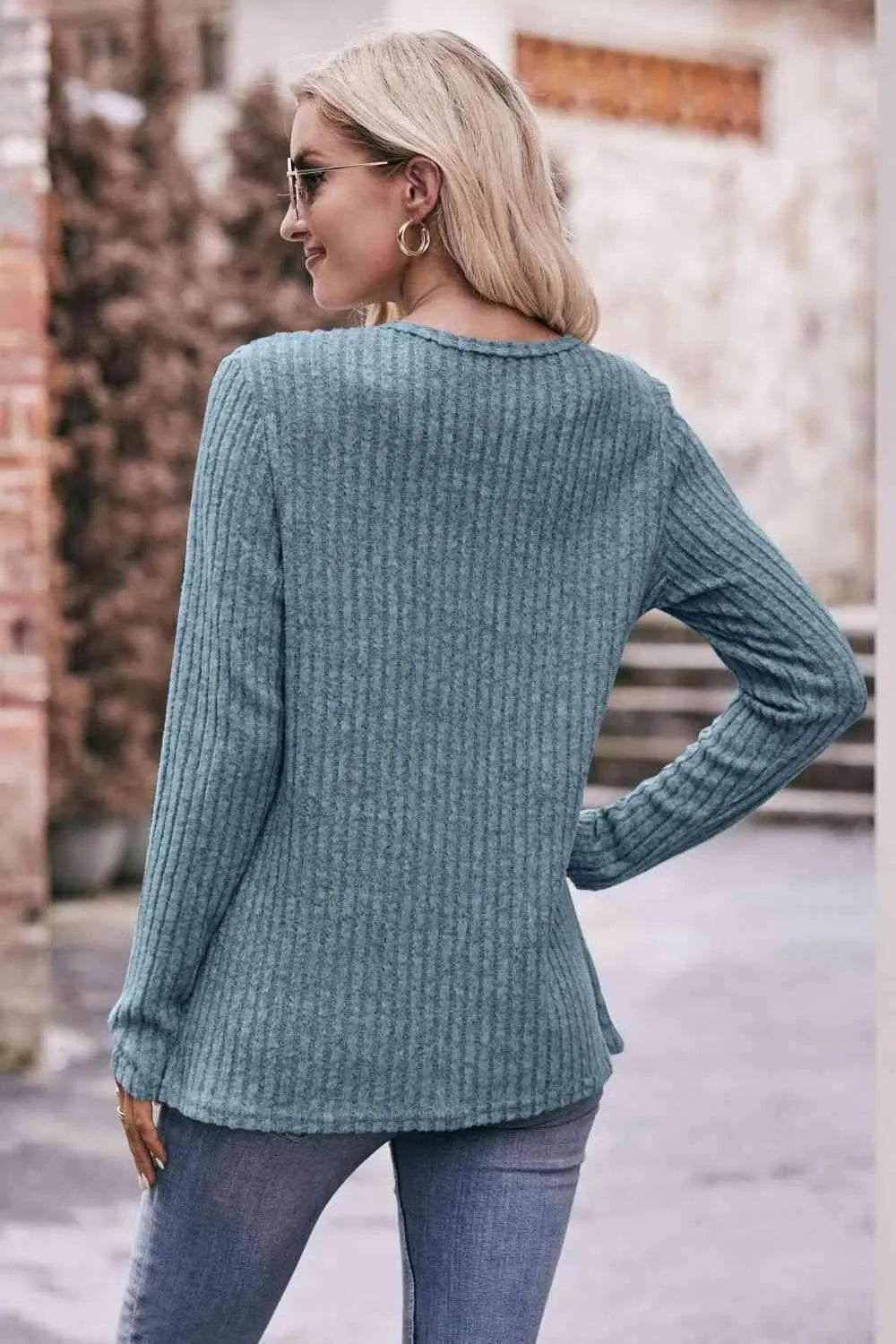 Bona Fide Fashion - Ribbed Round Neck Buttoned Long Sleeve Tee - Women Fashion - Bona Fide Fashion