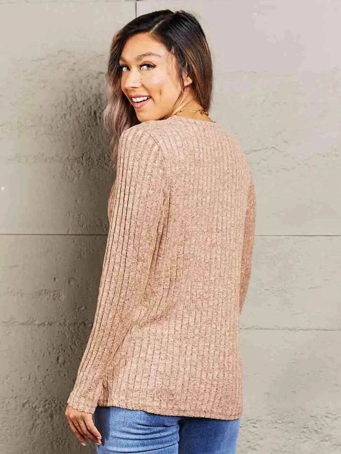 Bona Fide Fashion - Ribbed Round Neck Buttoned Long Sleeve Tee - Women Fashion - Bona Fide Fashion