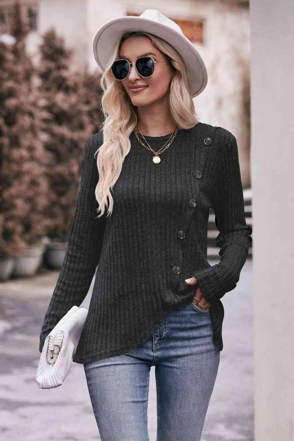 Bona Fide Fashion - Ribbed Round Neck Buttoned Long Sleeve Tee - Women Fashion - Bona Fide Fashion