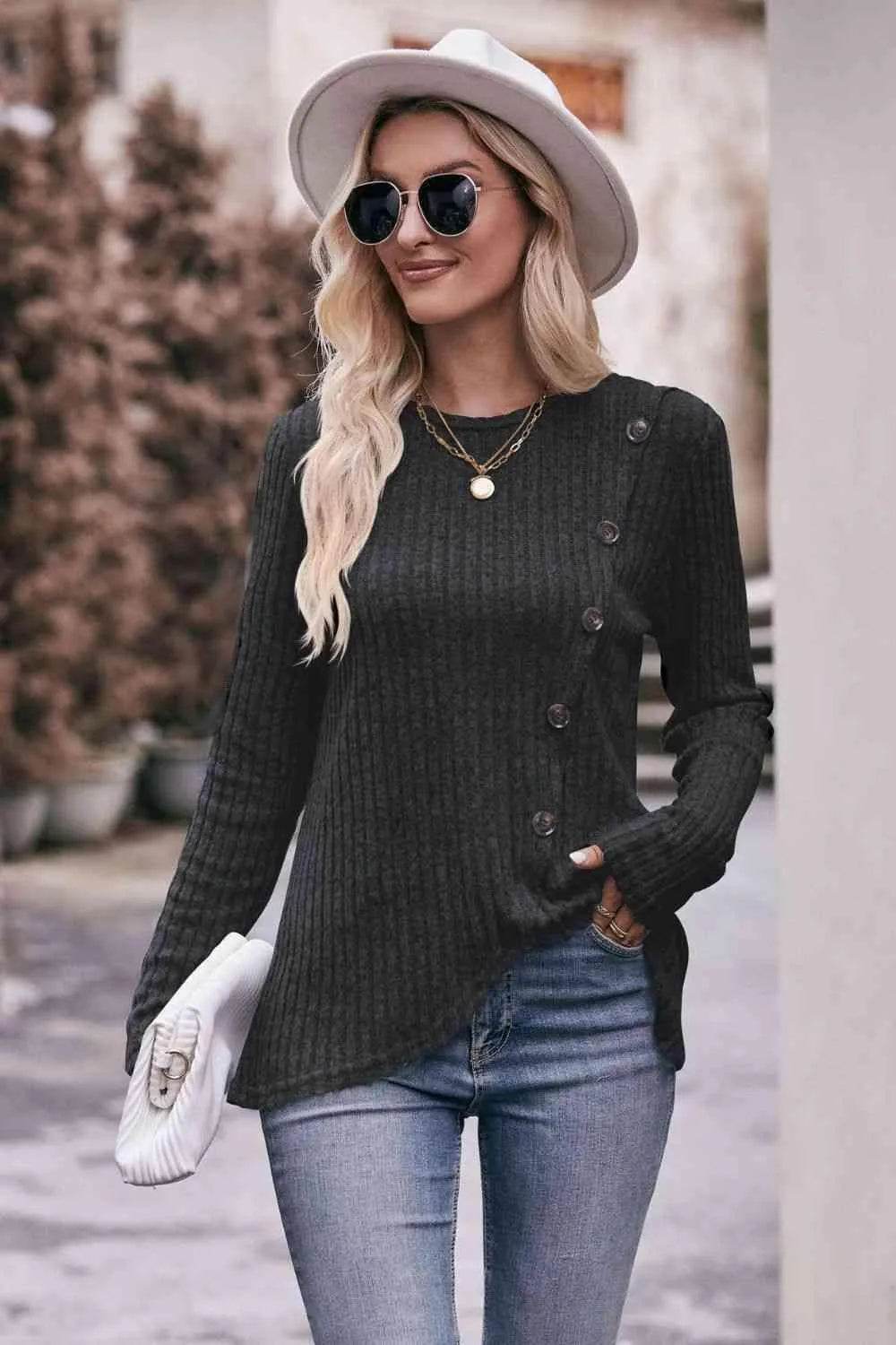 Bona Fide Fashion - Ribbed Round Neck Buttoned Long Sleeve Tee - Women Fashion - Bona Fide Fashion
