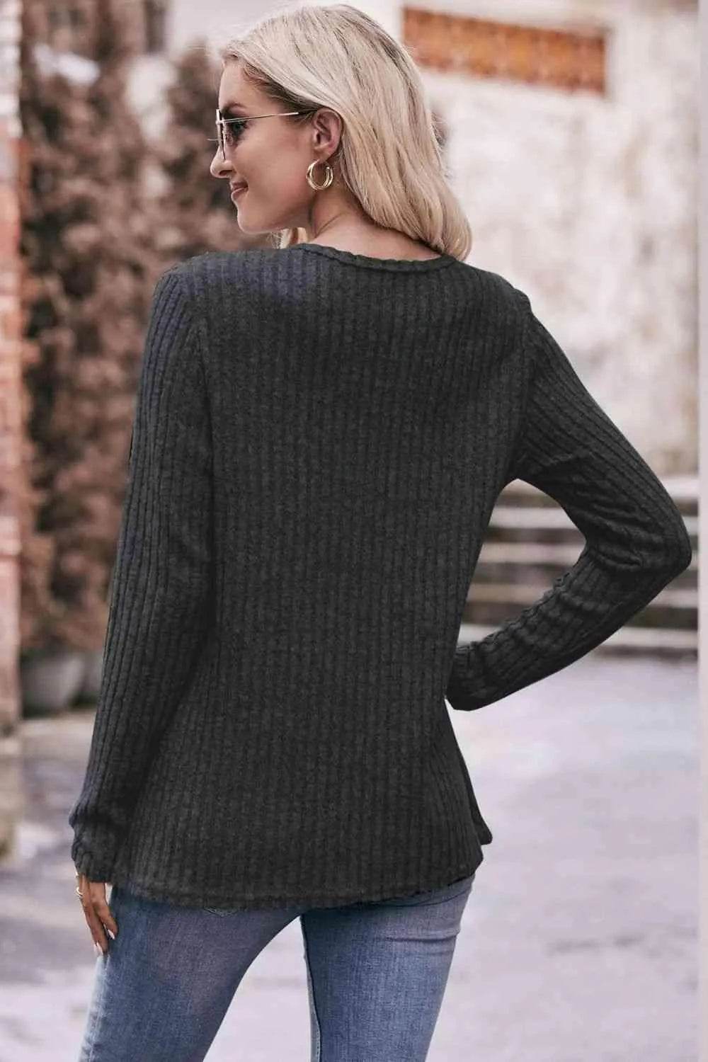 Bona Fide Fashion - Ribbed Round Neck Buttoned Long Sleeve Tee - Women Fashion - Bona Fide Fashion