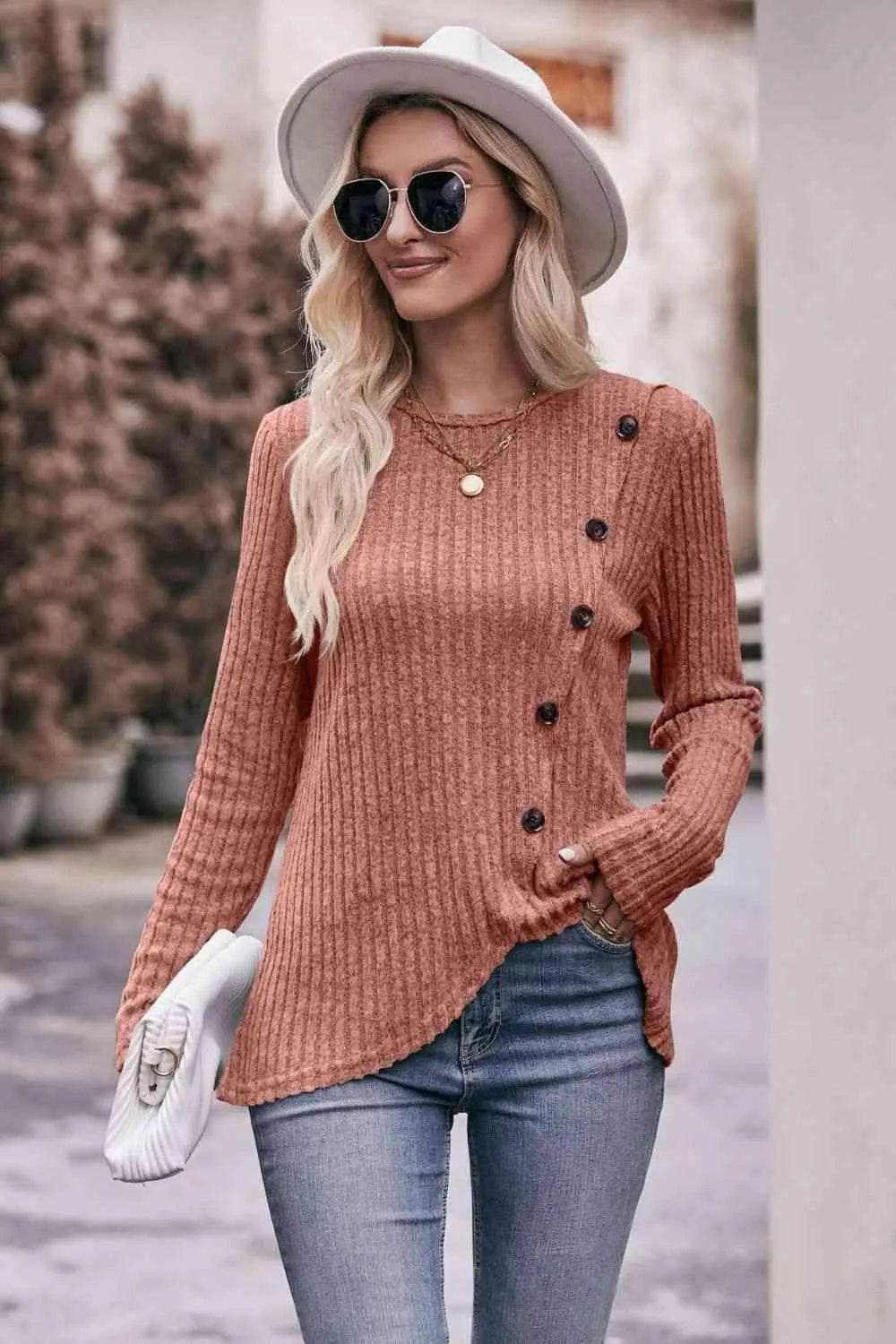 Bona Fide Fashion - Ribbed Round Neck Buttoned Long Sleeve Tee - Women Fashion - Bona Fide Fashion
