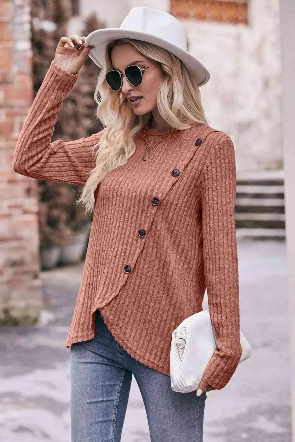 Bona Fide Fashion - Ribbed Round Neck Buttoned Long Sleeve Tee - Women Fashion - Bona Fide Fashion