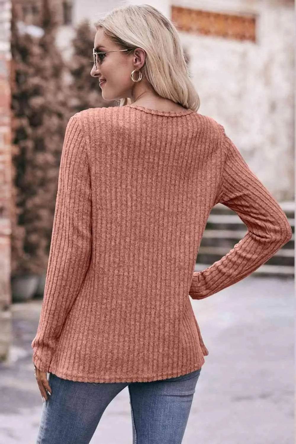 Bona Fide Fashion - Ribbed Round Neck Buttoned Long Sleeve Tee - Women Fashion - Bona Fide Fashion