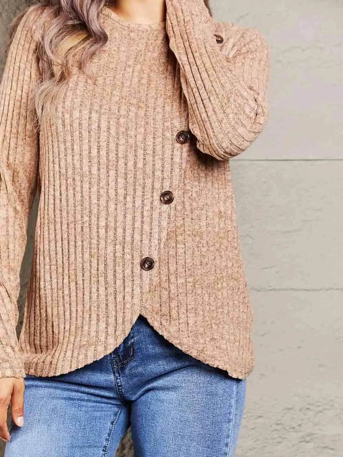 Bona Fide Fashion - Ribbed Round Neck Buttoned Long Sleeve Tee - Women Fashion - Bona Fide Fashion