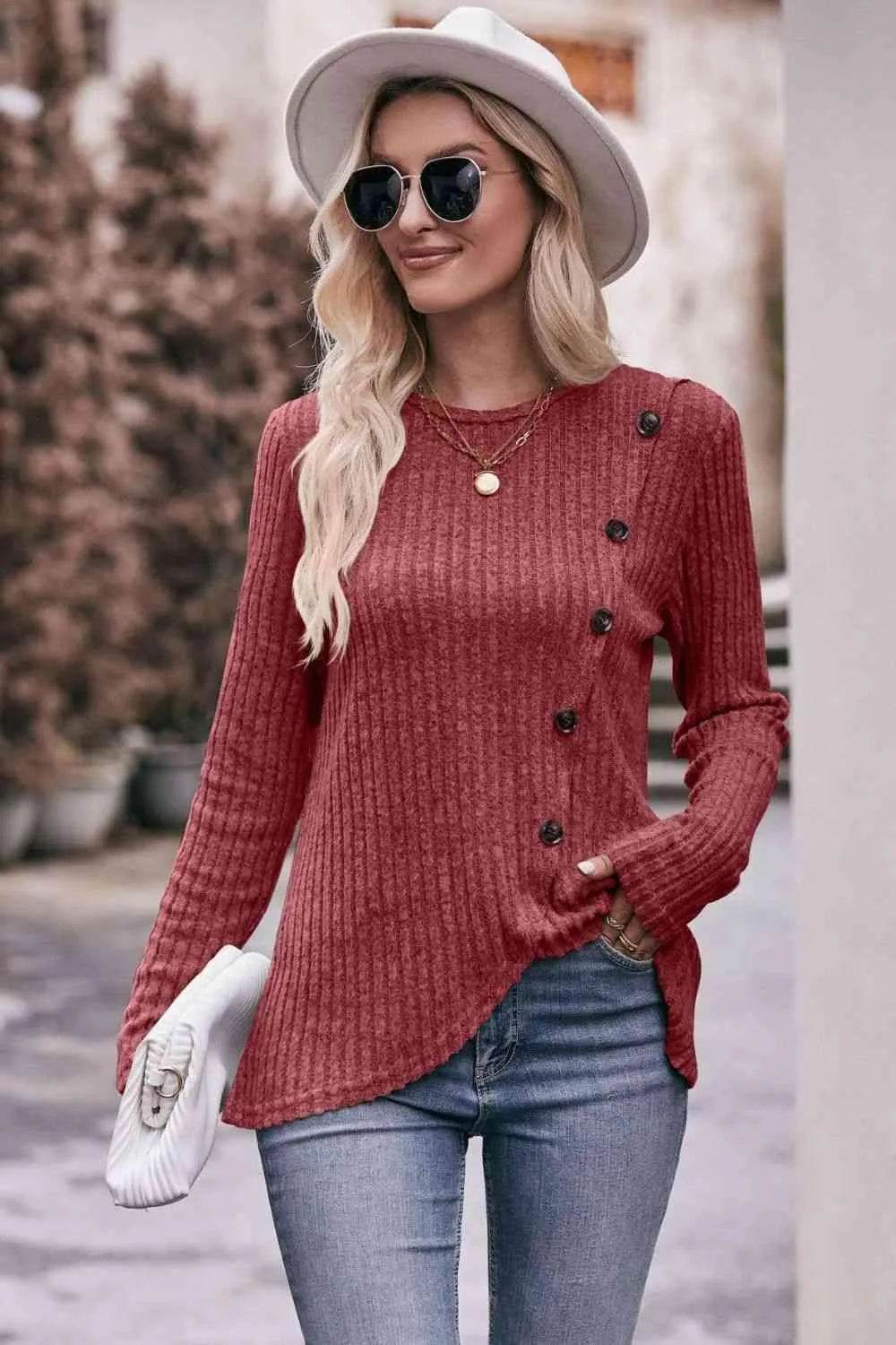 Bona Fide Fashion - Ribbed Round Neck Buttoned Long Sleeve Tee - Women Fashion - Bona Fide Fashion