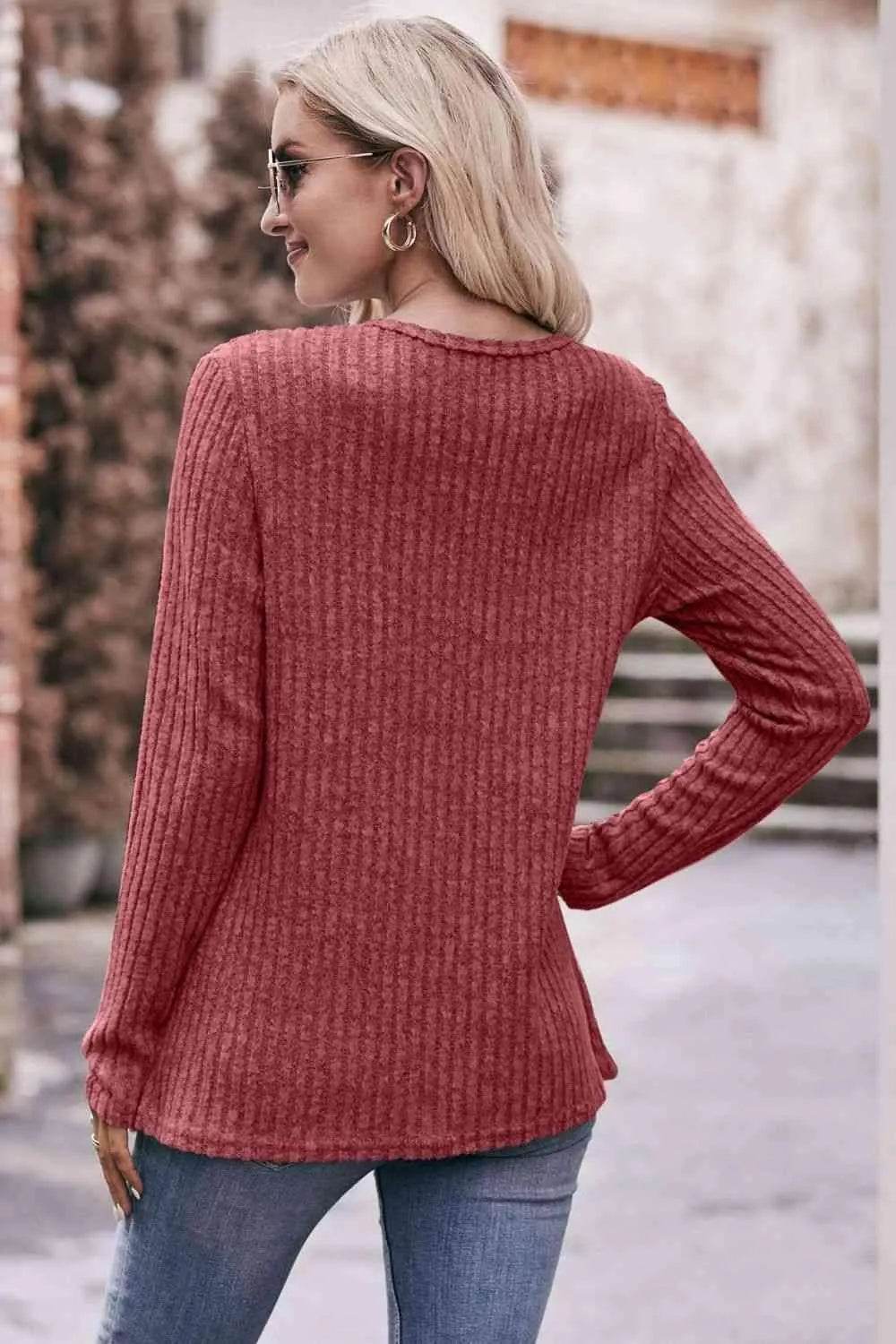 Bona Fide Fashion - Ribbed Round Neck Buttoned Long Sleeve Tee - Women Fashion - Bona Fide Fashion