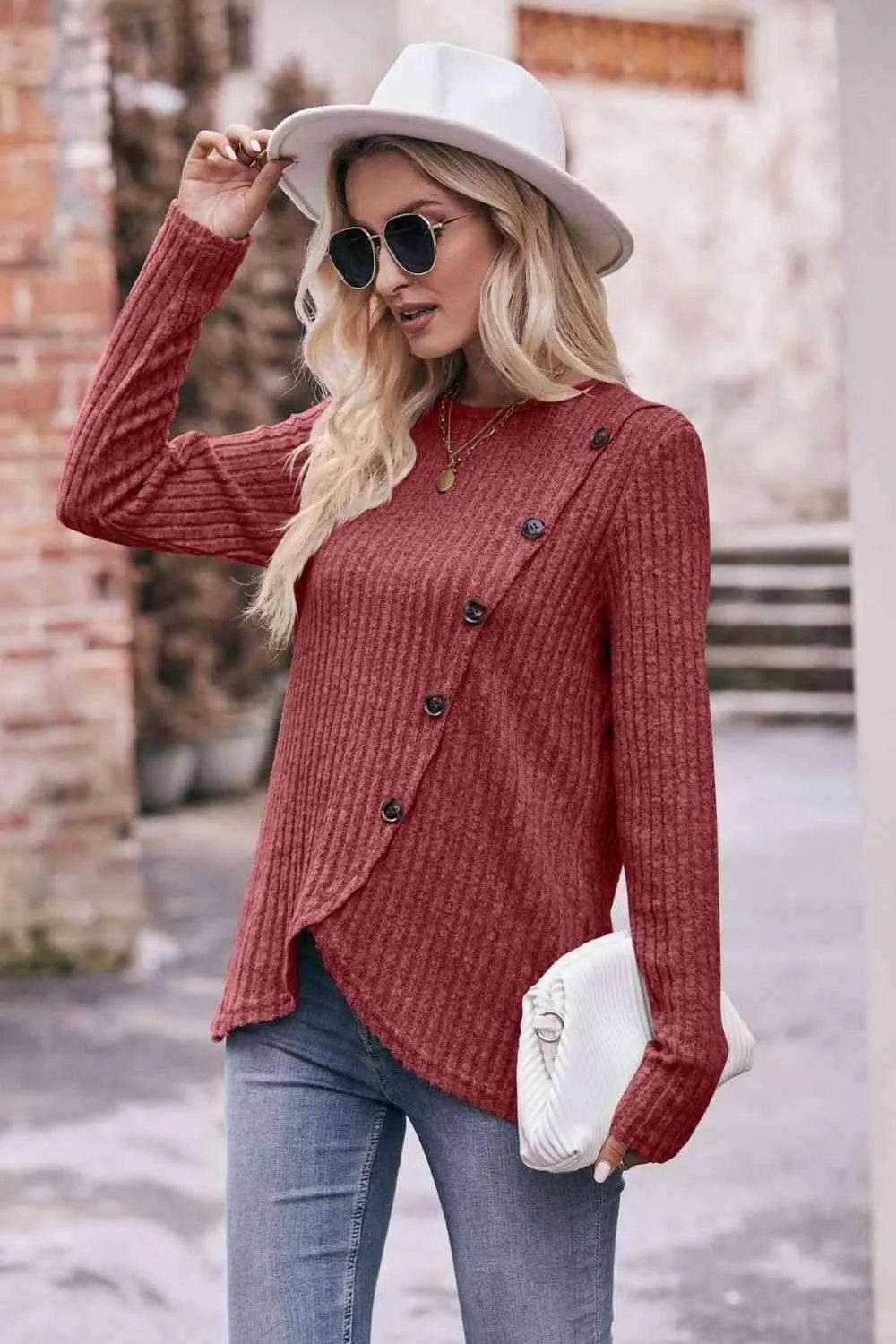 Bona Fide Fashion - Ribbed Round Neck Buttoned Long Sleeve Tee - Women Fashion - Bona Fide Fashion