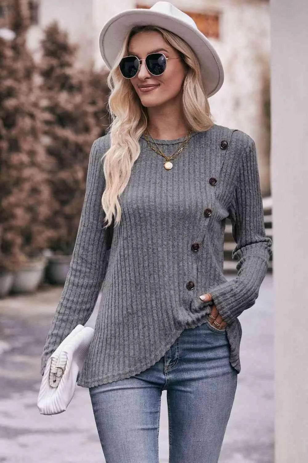 Bona Fide Fashion - Ribbed Round Neck Buttoned Long Sleeve Tee - Women Fashion - Bona Fide Fashion