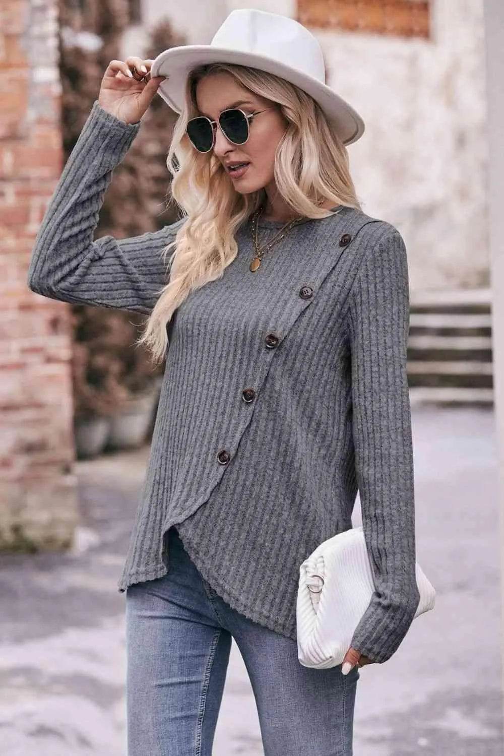 Bona Fide Fashion - Ribbed Round Neck Buttoned Long Sleeve Tee - Women Fashion - Bona Fide Fashion
