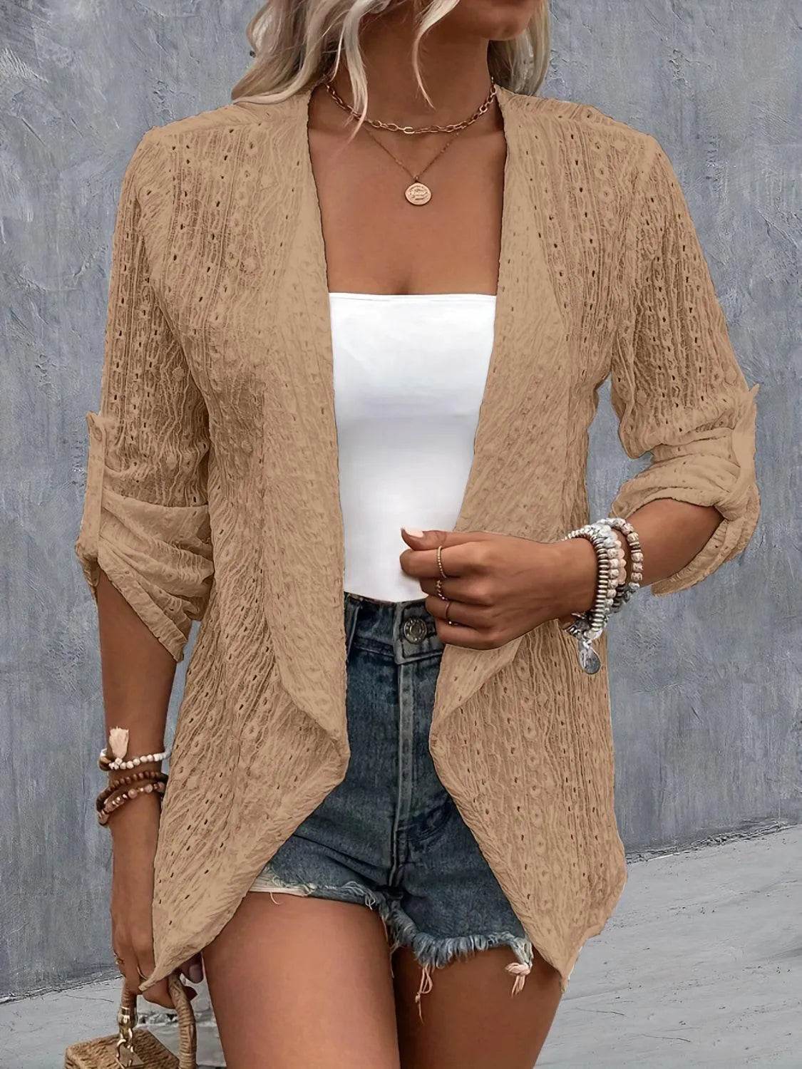 Bona Fide Fashion - Roll-Tab Sleeve Cardigan - Women Fashion - Bona Fide Fashion