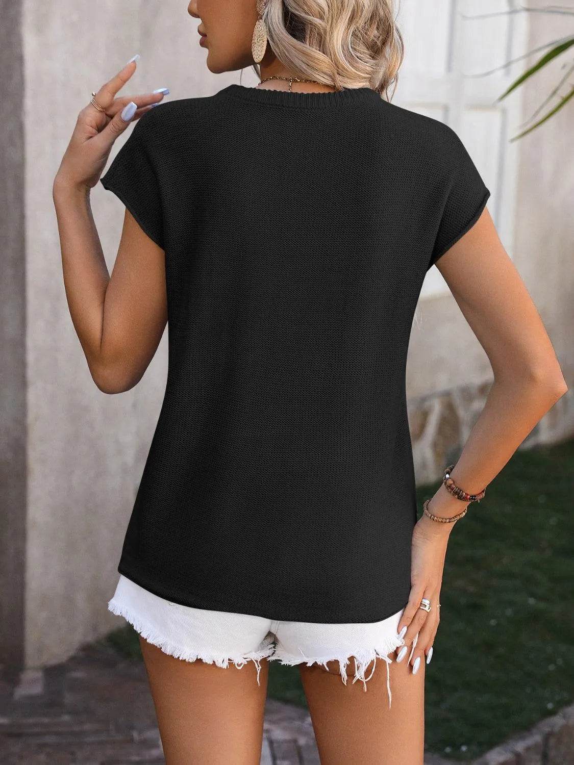 Bona Fide Fashion -,Rolled Cap Sleeve Round Neck Sweater Vest - Women Fashion - Bona Fide Fashion